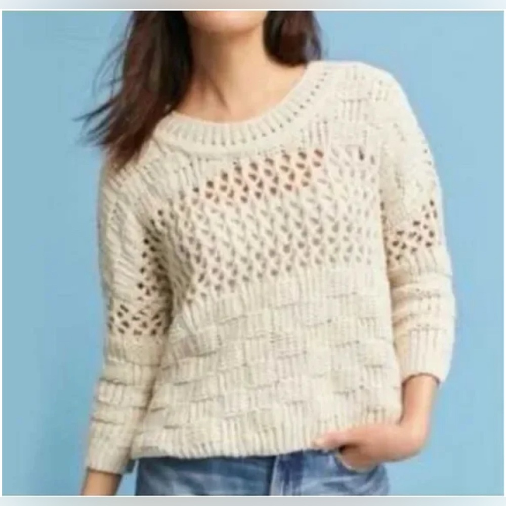 Moth Chenille Sweater Women Small Cream EUC Open Knit Basketweave Pullover